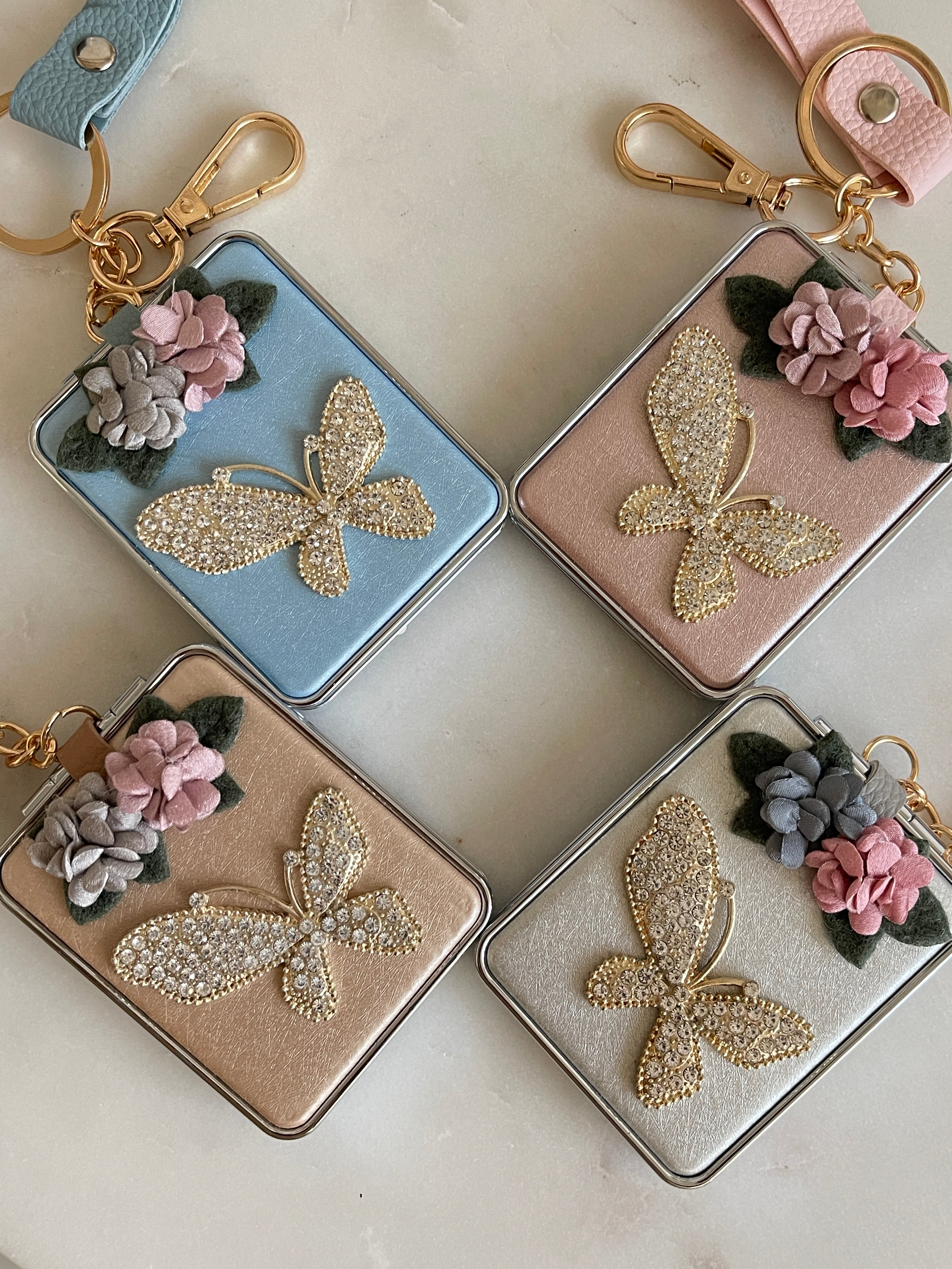 Butterfly keychain with mirror with crystal stones