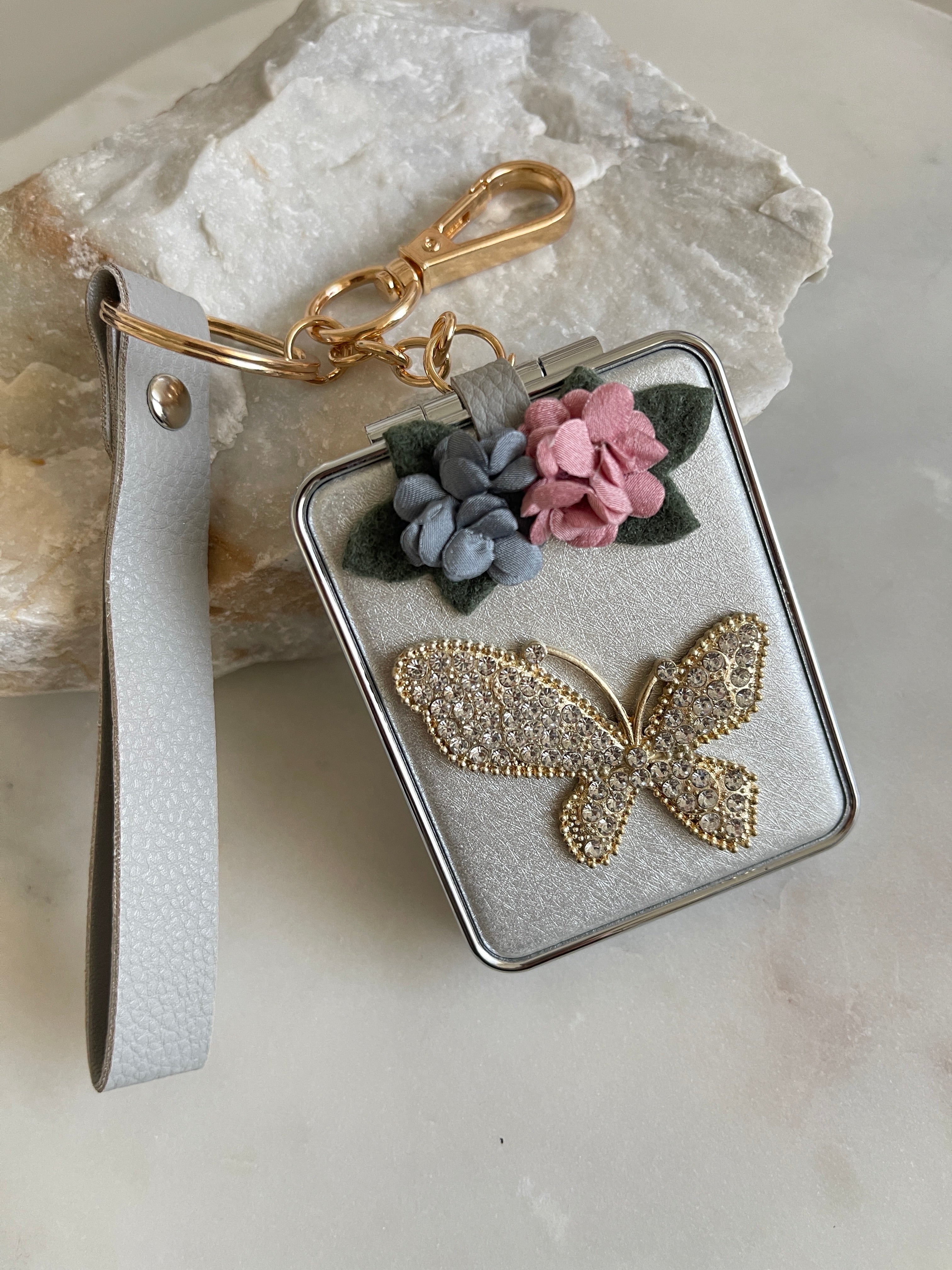 Butterfly keychain with mirror with crystal stones