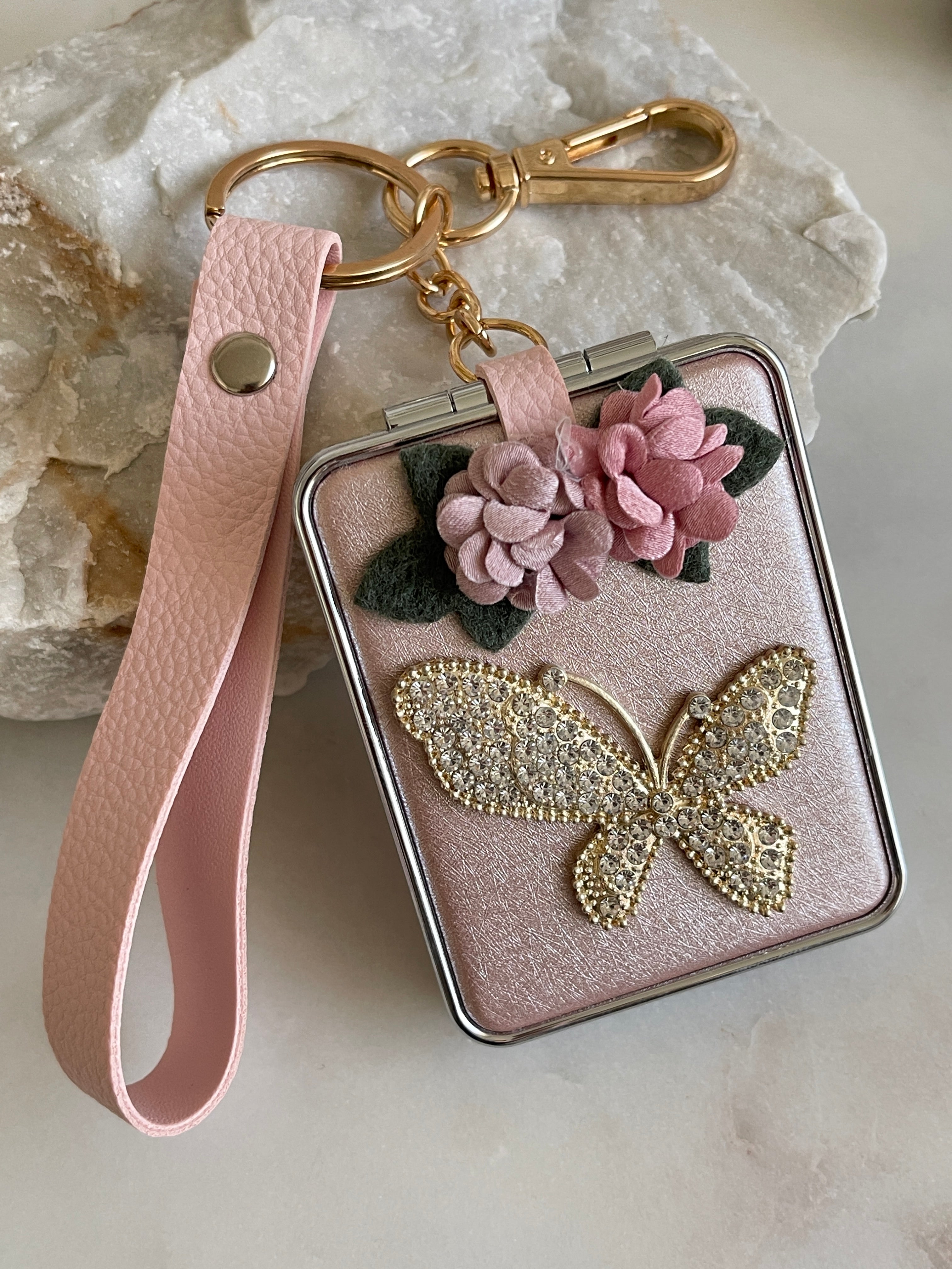 Butterfly keychain with mirror with crystal stones