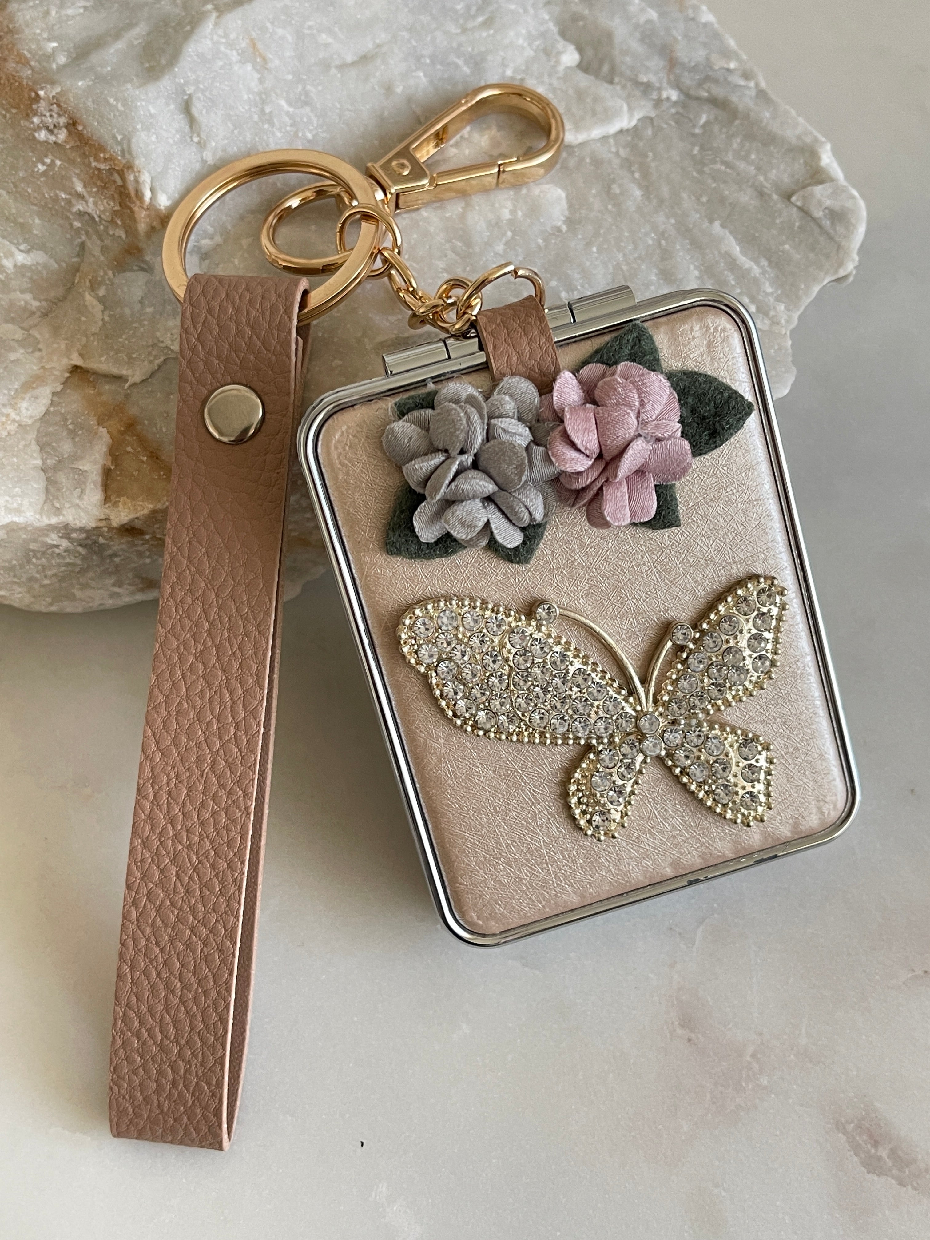 Butterfly keychain with mirror with crystal stones