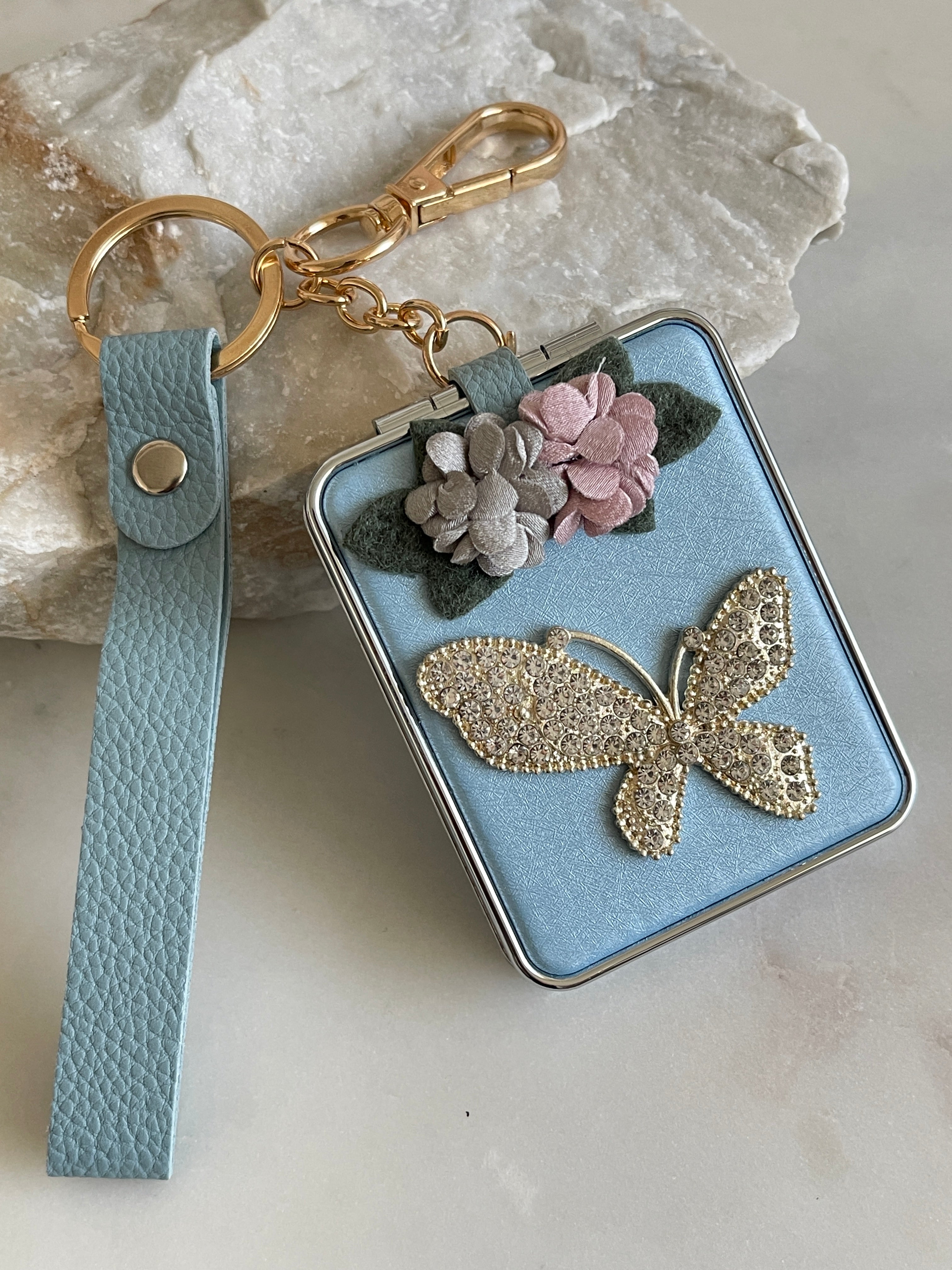 Butterfly keychain with mirror with crystal stones