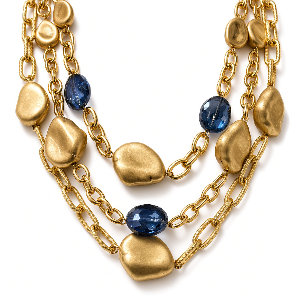 Dreilagige Designer-Kette mit mattgoldenen Elementen & Blauen Steinen