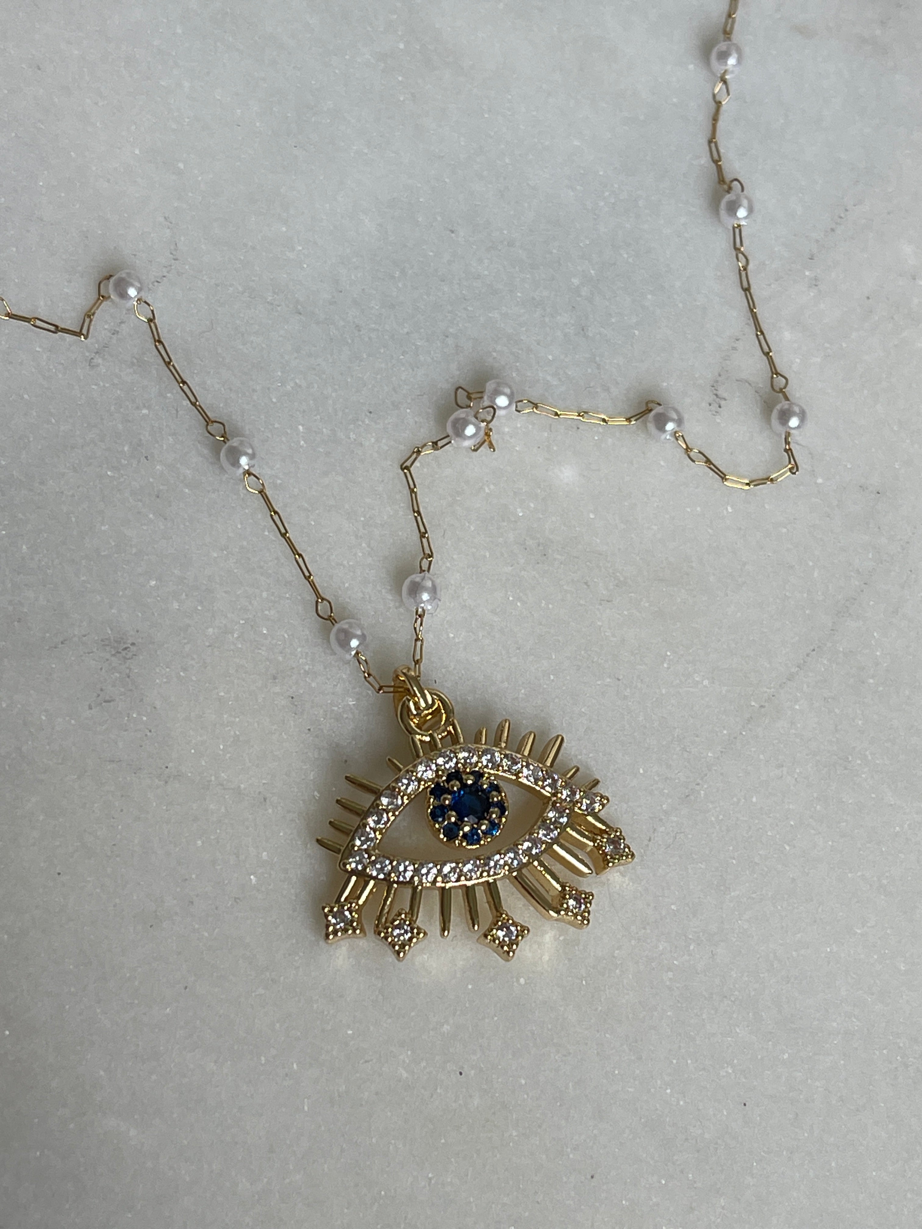 Blue Evil Eye Necklace with Pearl