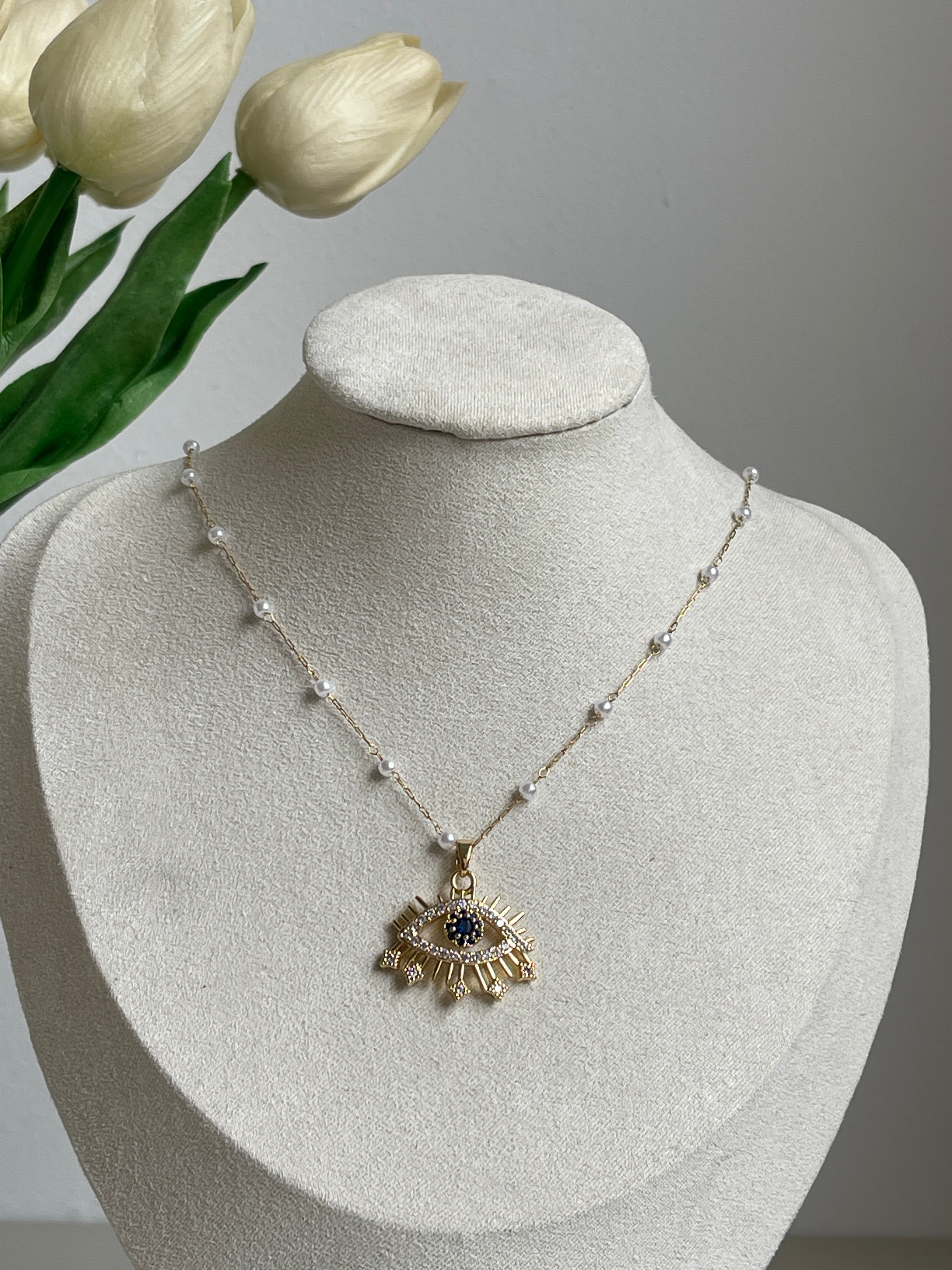 Blue Evil Eye Necklace with Pearl